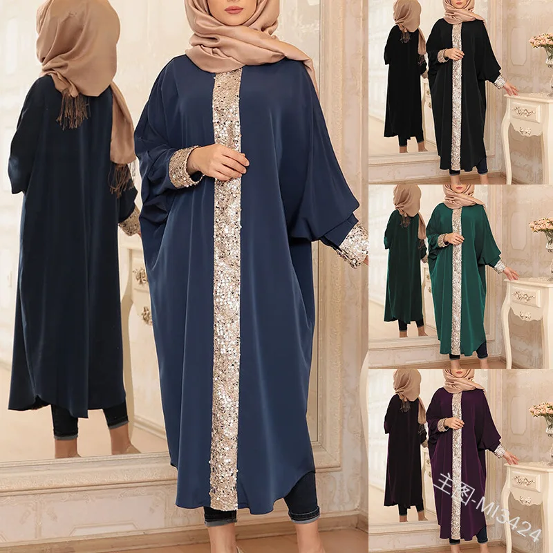 Muslim Sequins Abaya Bat Sleeve Maxi Dress Vestidos Cardigan Kimono Long Robe Gowns Jubah Middle East Eid Ramadan Dubai Islamic