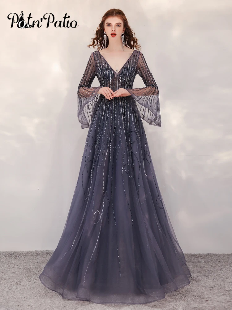 

Luxury Heavy Handmade Beads Evening Dresses With Long Sleeves 2021 Elegant V-Neck Floor-Length Gray A-Line Celebrity Dresses