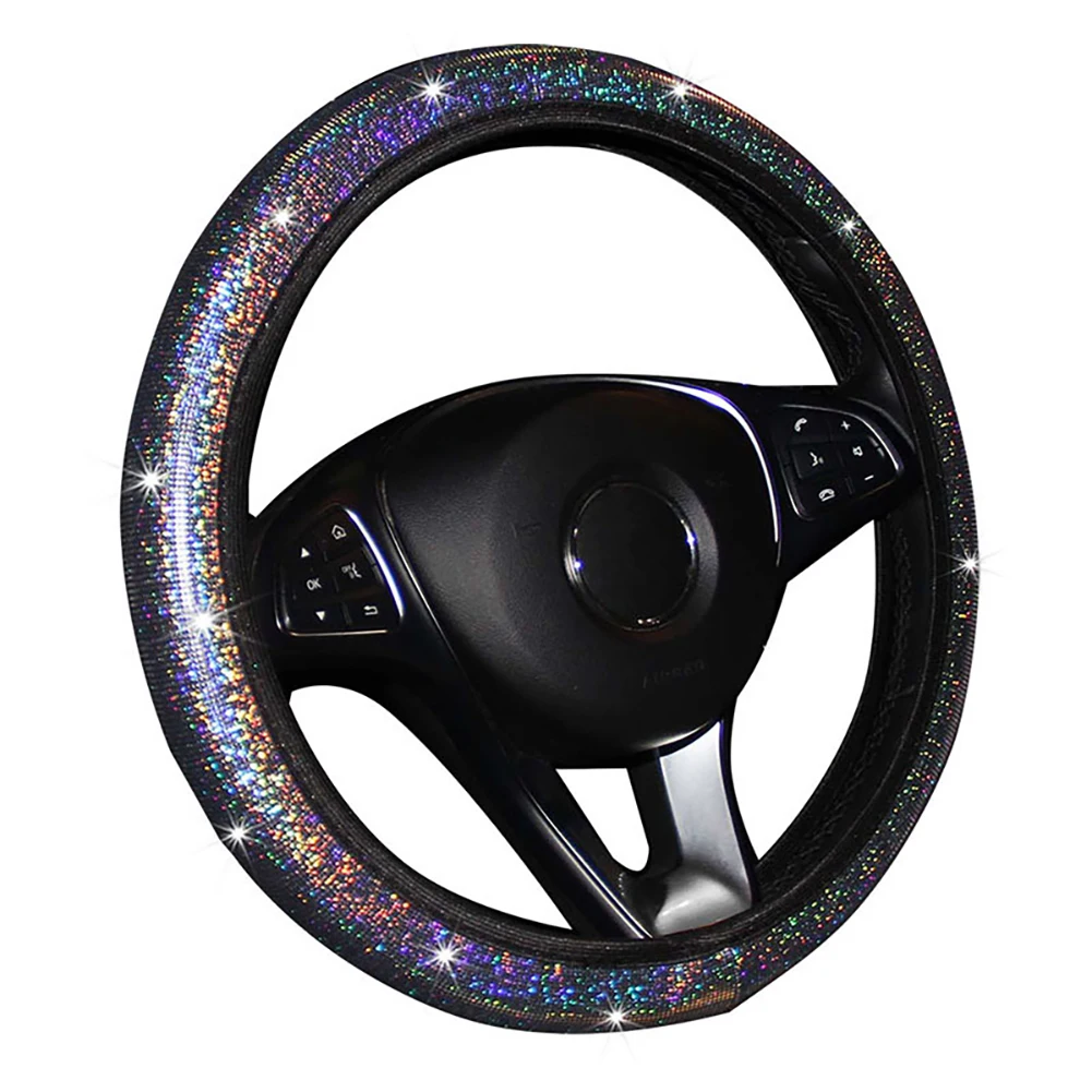 

15" Universal Car Steering Wheel Cover PU Leather Protective Cover 37-38cm Bling Diamond Shiny Car Interior Decoration