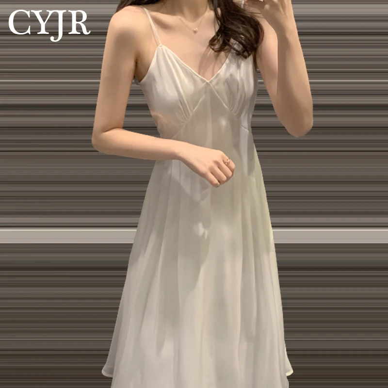 

High Quality Women's Satin Sleepwear Female Silk Nightgown Sexy Lace V-Neck Sling Nightdress Women Solid Color Soft Home Dress
