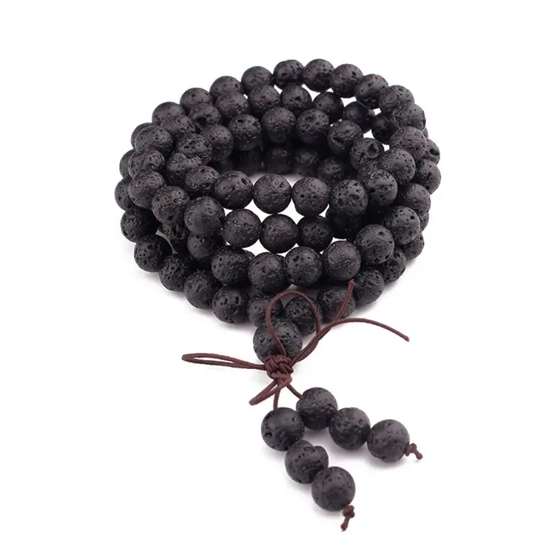 

108 Natural Gemstone Prayer Beads Mala Bracelet Black Lava Stone Essential Oil Diffusion Buddhist Rosary Necklace