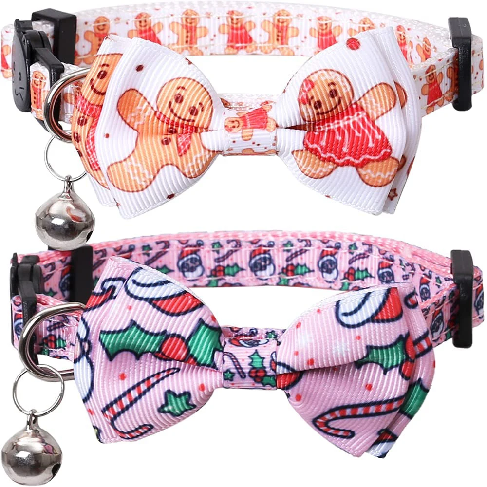 

Christmas Cat Collar Breakaway with Bowtie and Bell Santa Claus Gingerbread Man Patterns Adjustable Safety Kitten Collar for Pet
