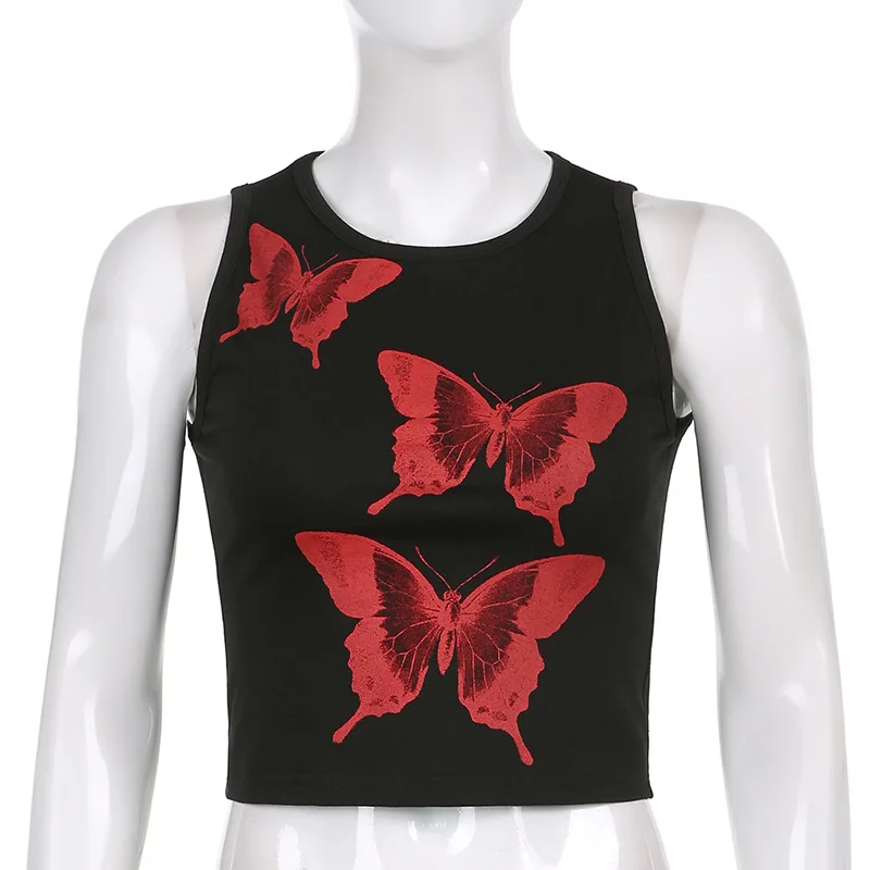 

Y2K EGIRL Y2K Vintage Butterfly Print Sleeveless Tank Tops E-girl Streetwear O-neck Cute Crop Top Punk Aesthetics Vests Summer