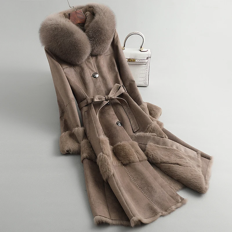 Женская Шуба из овчины теплая шуба с длинным рукавом и воротником лисьего меха