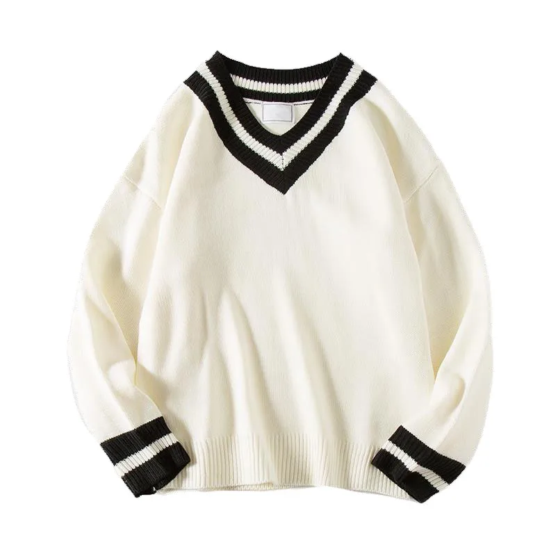 

Autumn Sweaters Preppy Knitted V-Neck Loose Women Sweater Casual Plus Size Black White Stripes Couple Pullover Sweater Pull