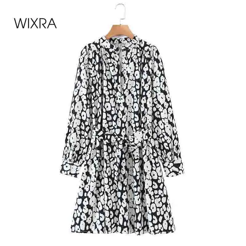 

Wixra V Neck Print Dresses Womens Loose Full Sleeve Casual High Street Lace Up Clothing 2021 Spring Summer