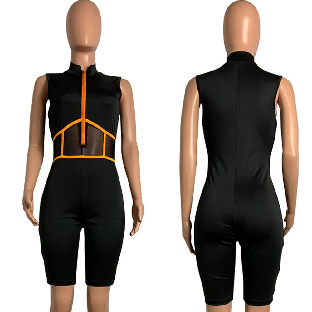 

Mesh Patchwork Casual Jumpsuits Womens Romper Zipper V Neck Biker Shorts Playsuit Summer Romper Female Elastic Skinny Bodysuits