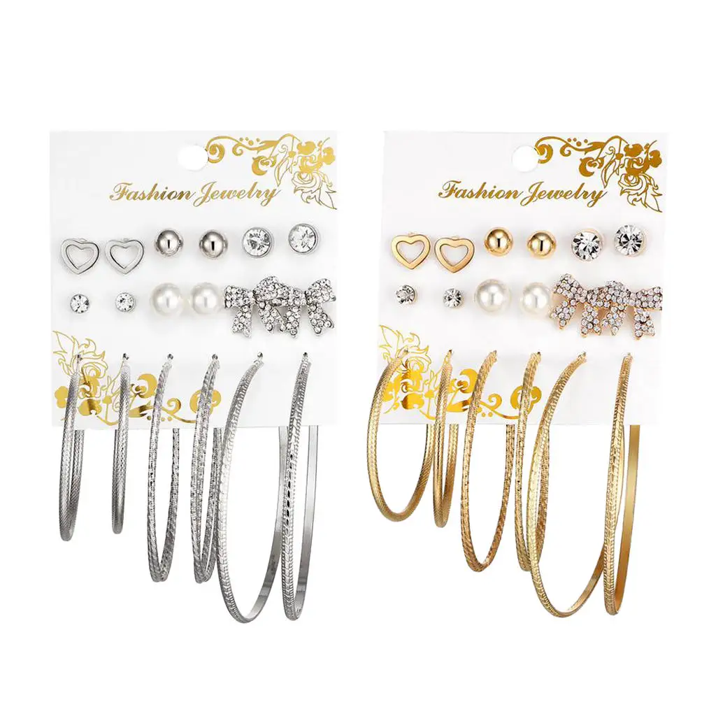 

9 Pairs Crystal Assorted Multiple Hoop Drop Long Earrings Studs Fashion Jewelry for women and girls