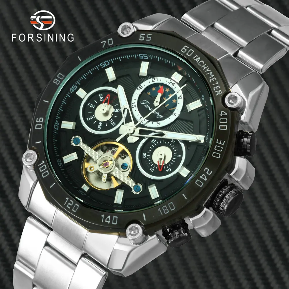 FORSINING механические часы Роскошные automatic Tourbillon Нержавеющая сталь ремешок Скелет для мужчин Солнце Луна фазы