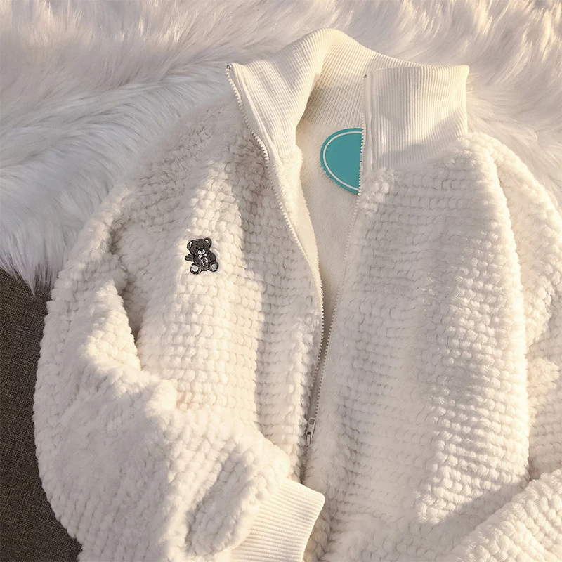 

DAYIFUN Down Jacket Female 2021 Winter Solid Color Zipper Stand Collar Coat Embroidery Bear Lamb Wool Fleece Warm Streetwear