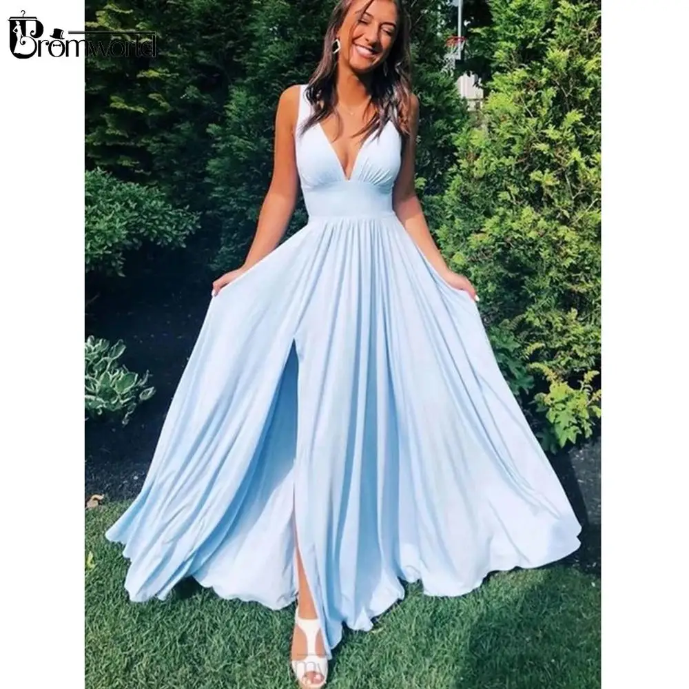 

Simple A Line V Neck Light Blue Long Prom Dresses 2021 Sexy High Slit Party Dress Prom Gowns vestidos de graduacin