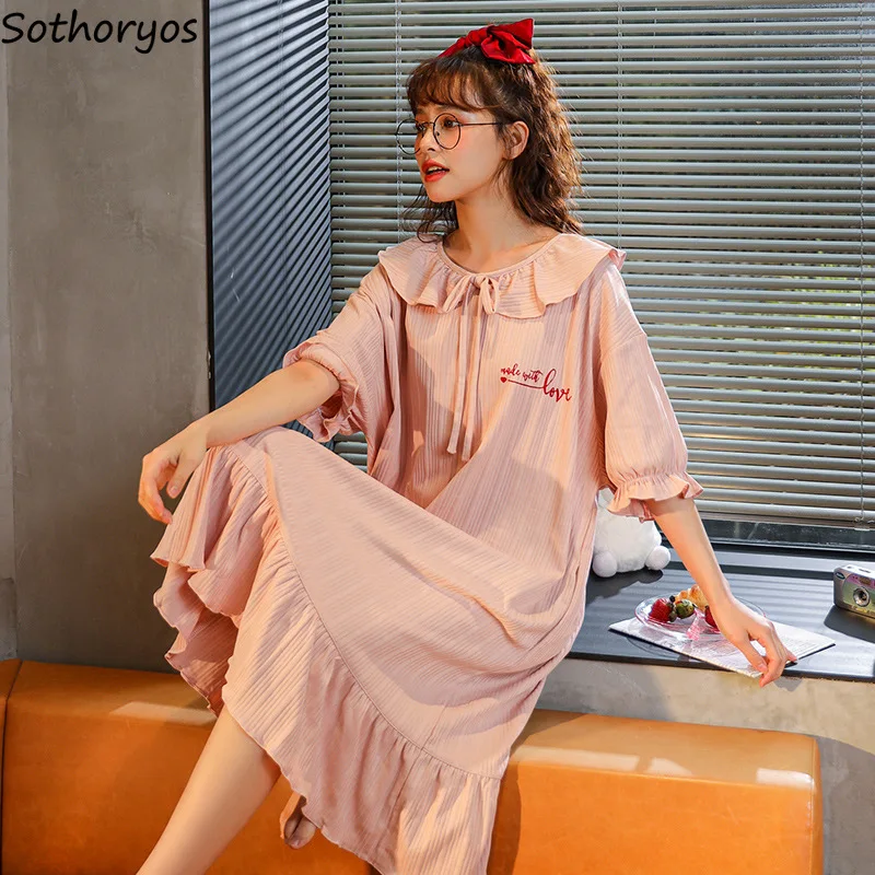

Women Nightgowns Sleepshirts Short Sleeve Mid-calf Length O-neck Ruffles Loose Summer Sleepdress Sleepwear Home Lounge Wear Soft