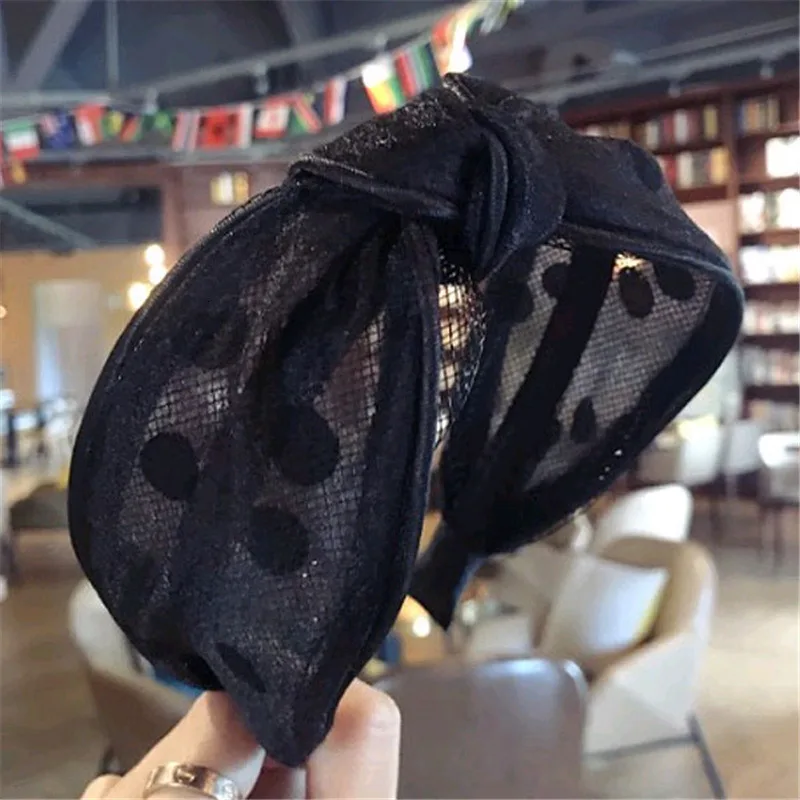 

2019 Korean Printing Dot Hairband Women Fashion Jewelry Mesh Wide Hair Accessories Cross Knot Bezel Headband For Girl Headdress