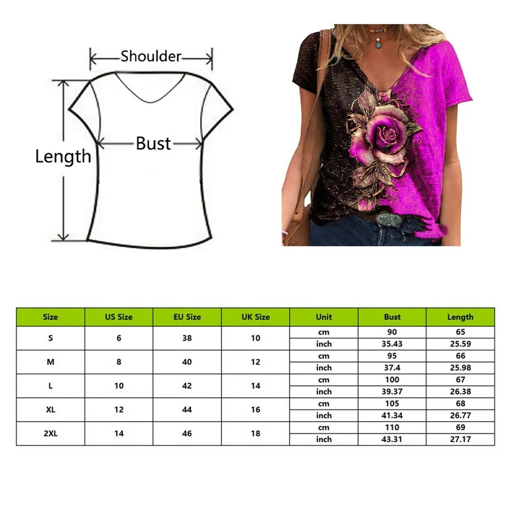 

Summer Casual V-neck Short Sleeve Women's Loose Multicolor Rose Print T-shirt 2021 New Fashion Street Hipster Pullover