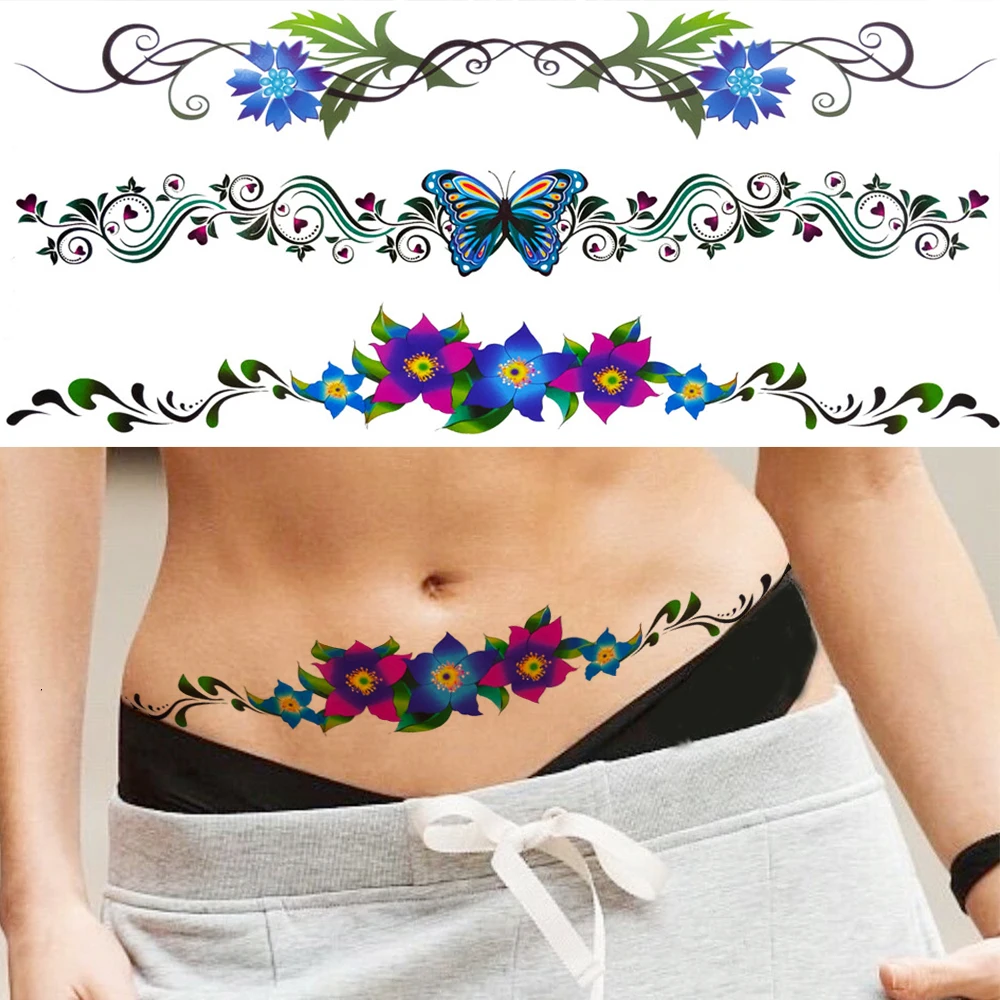 

Women's Fashion Flower Temporary Tattoos For Women Lady Body Art Waist Tattoo Fake Butterfly Vine Throns Tatoos Decal For Beach