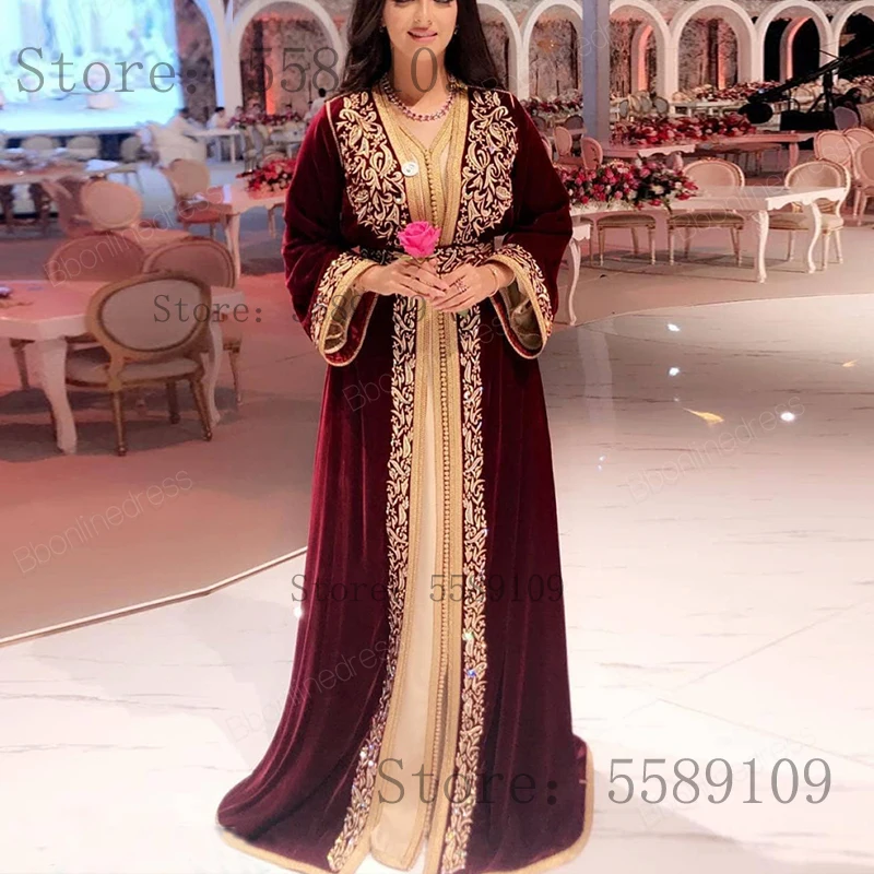 Бургундия бархат мусульманские Вечерние платья марокканский кафтан Золотые