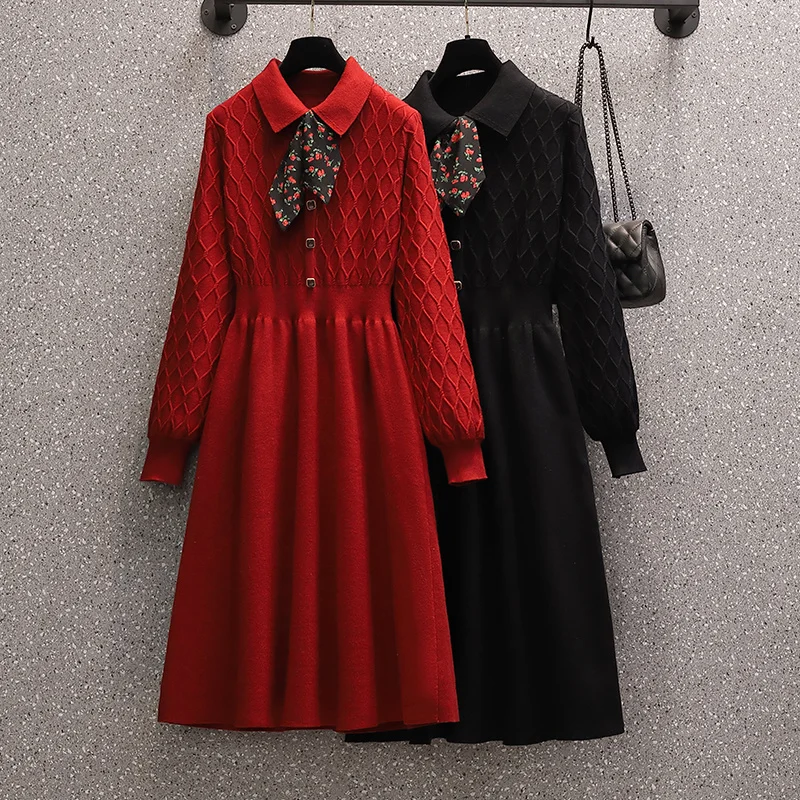 

Red Sweater Dress Woman New Autumn Casual Elastic Long Sleeve Print Elegant Midi Party Dresses Knitted Fashion New Vintage Cloth