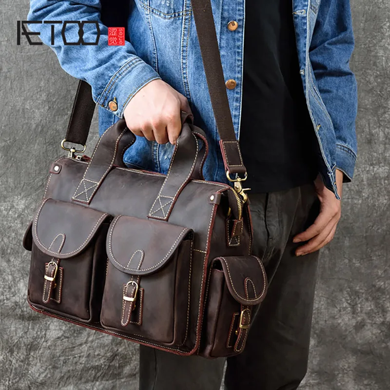 

AETOO Men's leather briefcase, retro crazy horse leather handbag, cowhide shoulder bag, computer bag