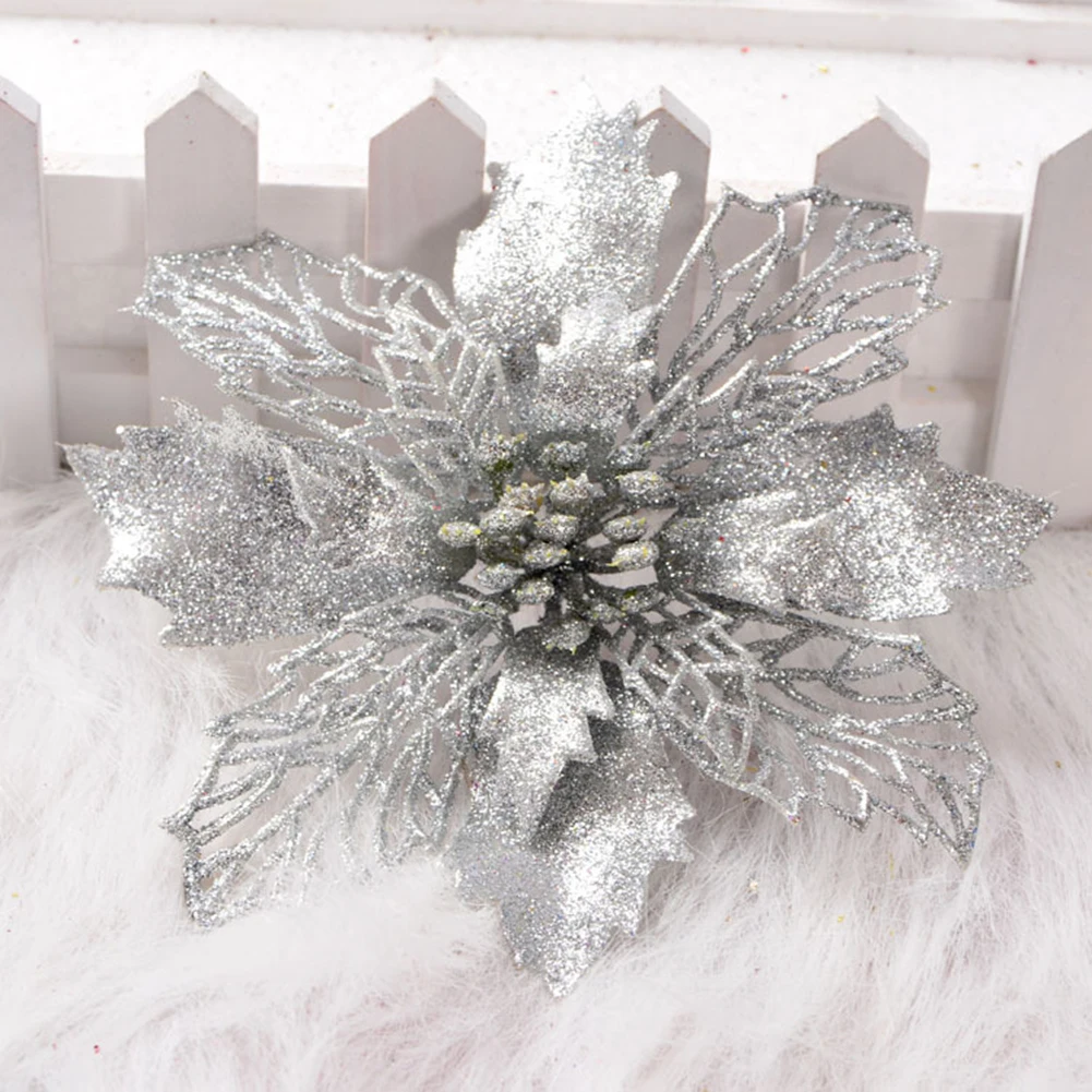 Silver 16cm Большие искусственные цветы для рождественского декора, блестящие Искусственные цветы Poinsettia, сделай сам, украшение для дома, Рождества, Нового года, цветок для свадьбы - Цвет: Silver 16cm