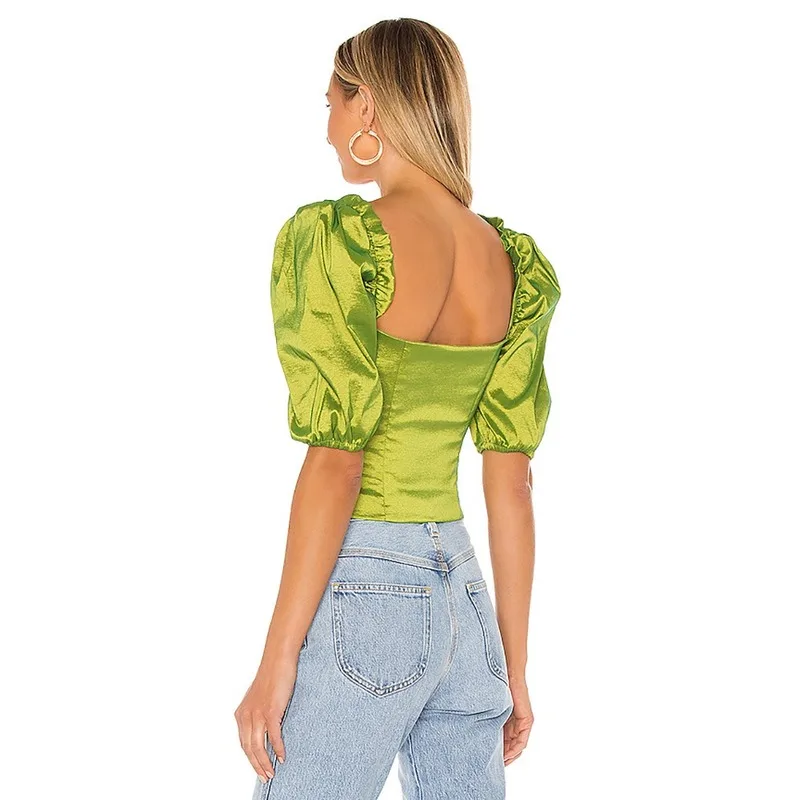 

Women Summer Soild Color Pleated Lace Wrap Chest Open Back Slim T-shirt Woman New Short Sleeve Green Tops Square Collar Tshirts