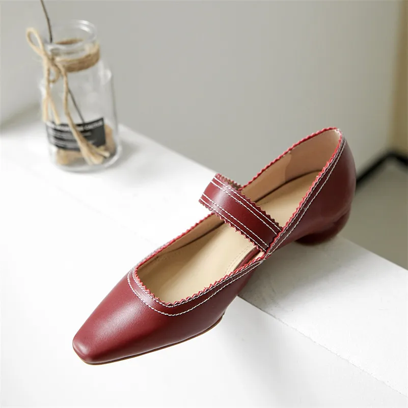 

ANNYMOLI Mary Janes Shoes Women Genuine Leather Mid Heel Pumps Square Toe Shallow Shoes Round Heels Lady Footwear Wine Red Black
