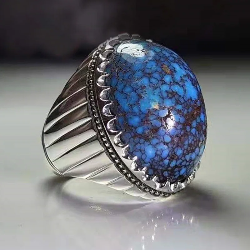 

Hot Sale Silver Color Big Round Natural Stone Men's Finger Ring for Male Party Wholesale Fashion Jewelry Size 6-13
