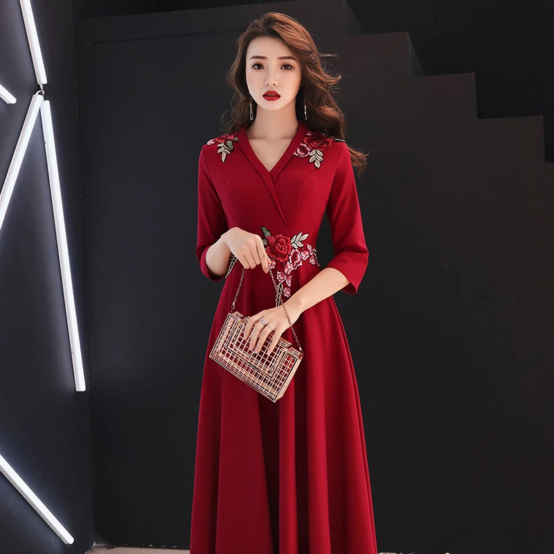 

Burgundy applique Evening Dresses Ever Pretty A-Line V-Neck Ruched Elegant Evening Gowns Robe De Soiree Asian Women Prom Dresses