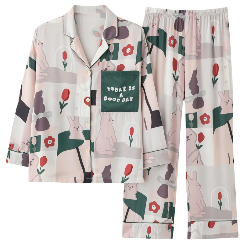 

Пижамный комплект женский Шелковый с цветочным принтом, большого размера