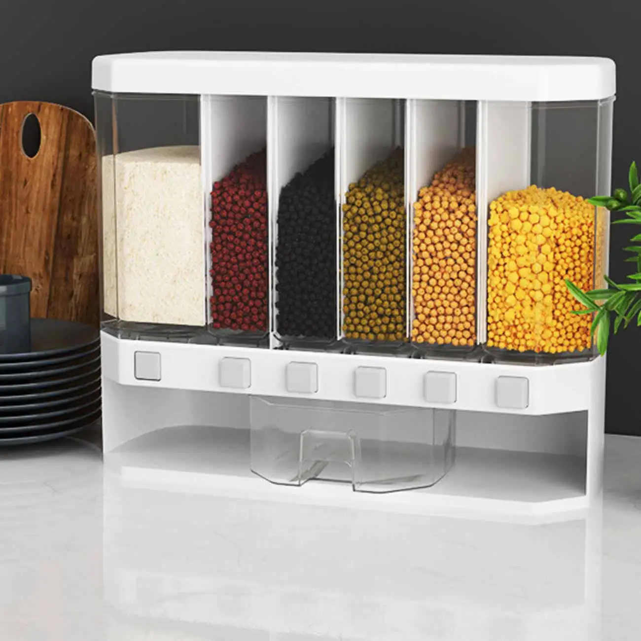 

Wall Mounted Press Cereal Dispenser Dry Food Hanger Kitchen Storage Household Dry Rice Food Container Organizer