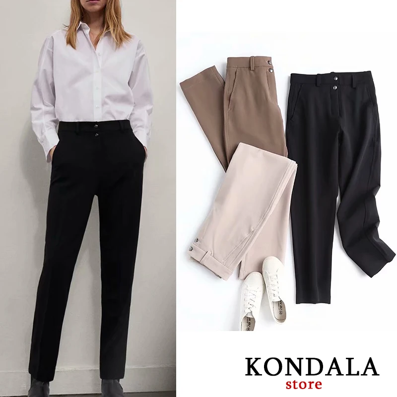 

KONDALA Za 2020 Women Pants Office Lady High Waist Button Pants Thick Winter Solid Straight Trousers Mujer