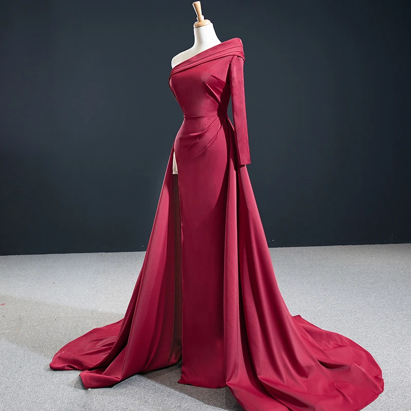 J67144 Elegant And Noble Satin Flavor Wine Red Side Split Party Gowns Evening Dress 2020 A-Line One-Shoulder платье вечернее