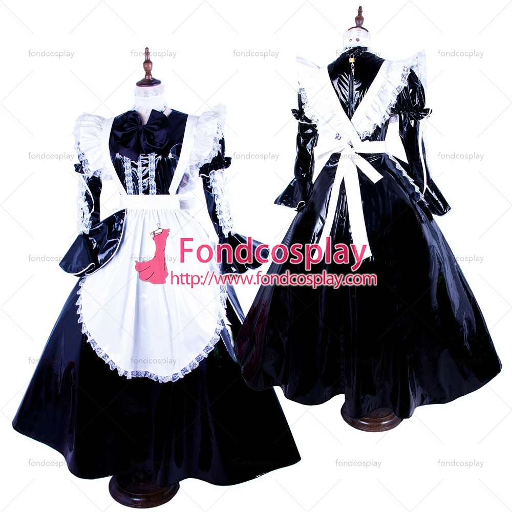 

fondcosplay adult sexy cross dressing sissy maid long lockable black thin PVC dress Uniform white apron Tailor-made[G1593]