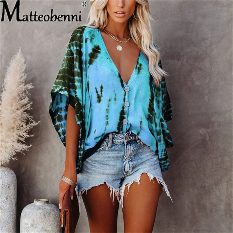 

Summer Tie Dye Print Bat Sleeve Loose Women Blouses V Neck Button Casual Women Shirts Blouses Ladies Oversized Streetwear Tops