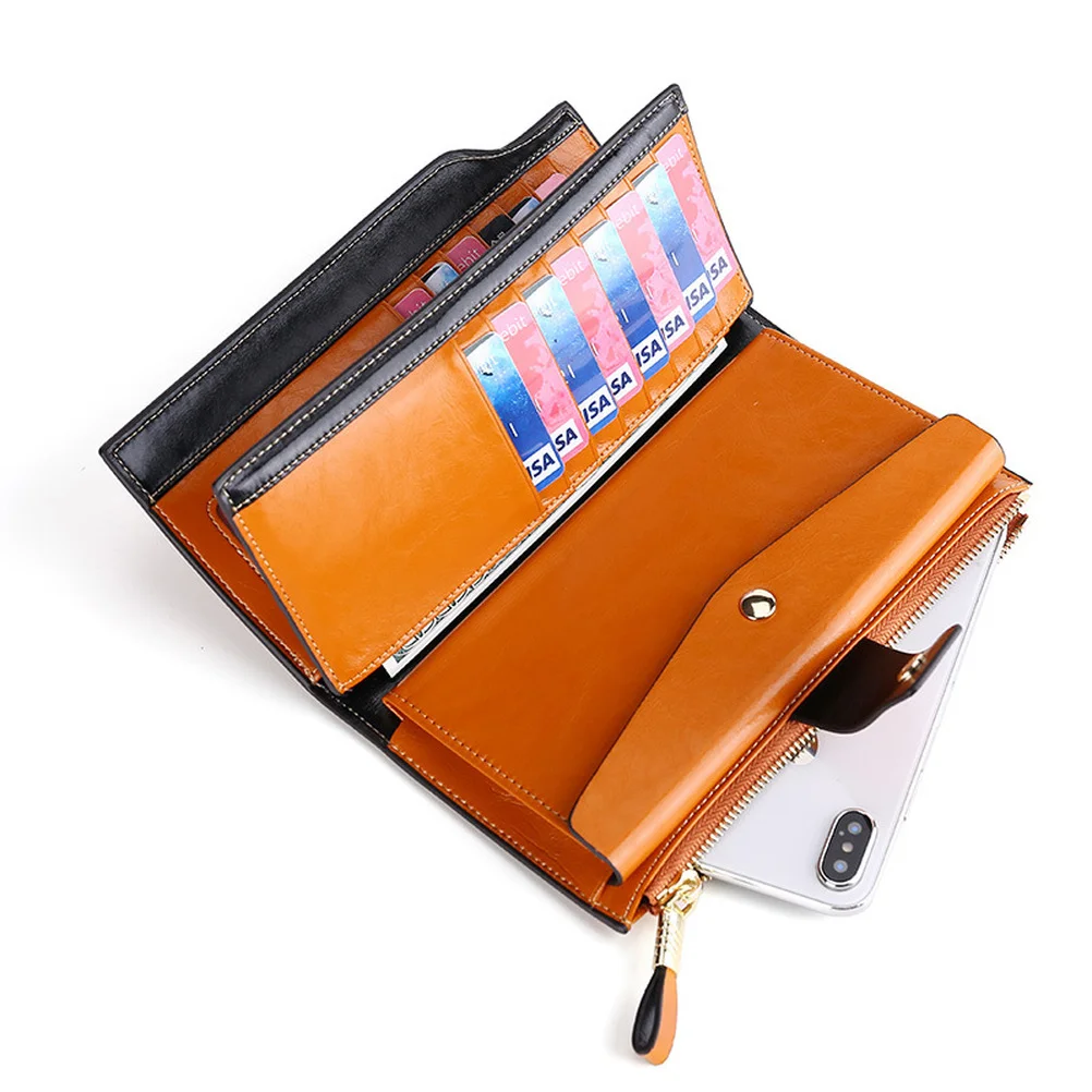 Genuine Leather Women's Wallet Long Oil Wax Leather Mobile Phone Clutch Bag Cowhide Retro Wallet Wallet for Women