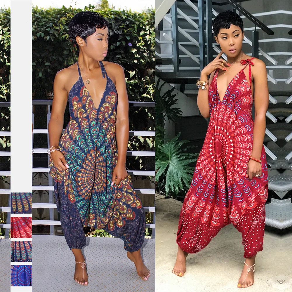 

Woman lantern Jumpsuit African totem Printed Halter Backless Bandage Bodysuit 4Color