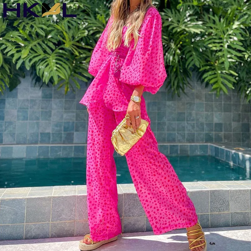 

Women's solid color fluffy sleeve top + wide leg pants two piece set leisure fashion high street style 2021 new summer suit