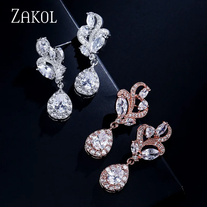 Модные серьги капельки ZAKOL с фианитом в виде маркиза изысканные свадебные