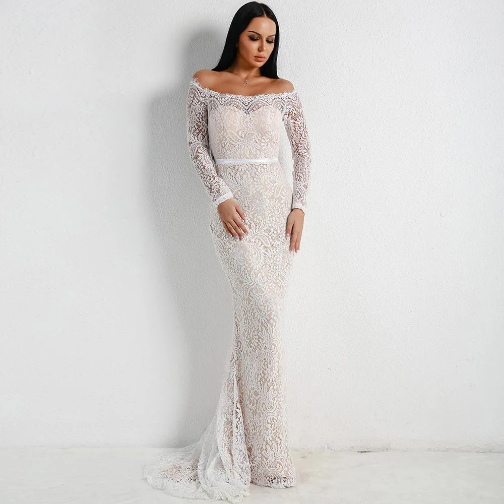 Женское длинное платье с юбкой-годе кружевной аппликацией и молнией на спине |