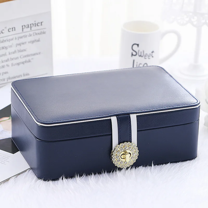 

WE New Large Two Layer Jewelry Organizer Box with 56 Stud Jacks Smooth Leather Jewelry Storage Case Display Holder with Lock