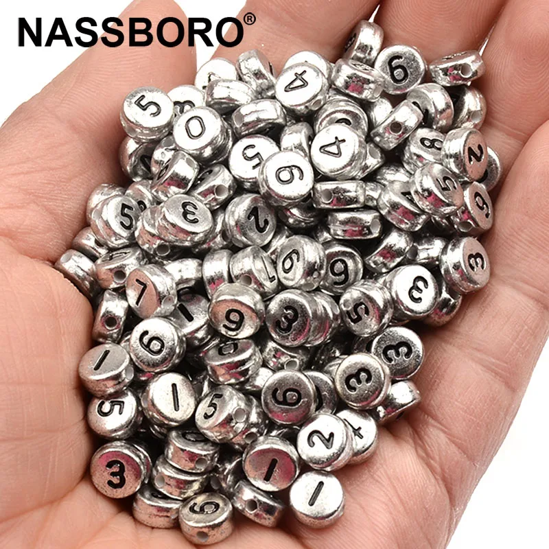 

100Pcs 4*7mm Round Silver Acrylic Beads Black Digital Beads for Jewelry Making Kid Diy Material Loose Spacer Beads