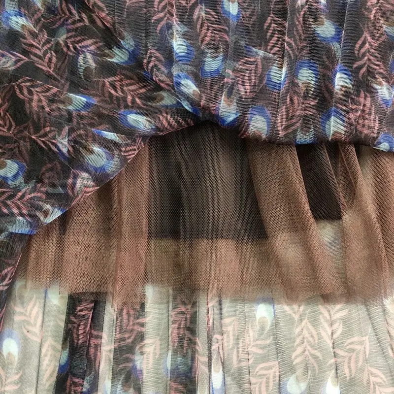 

Women Spring Summer Mesh Skirt Peacock Feather Printing High Waist Soft Mesh Pleated Skirt Elegant Women Tulle Midi Skirt