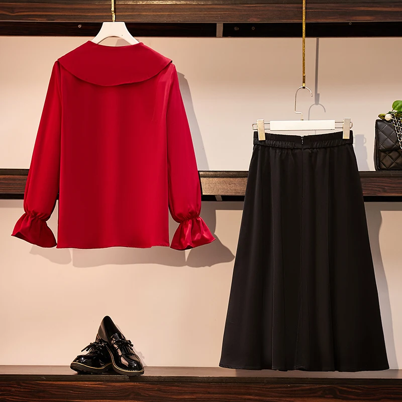 Женский Осенний элегантный костюм большого размера с юбкой красный топ и черная