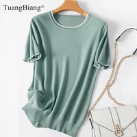 2021 summer cotton flare sleeve woman green pullovers elegant loose stretch o neck lady jumpers casual fashion soft knitted tops