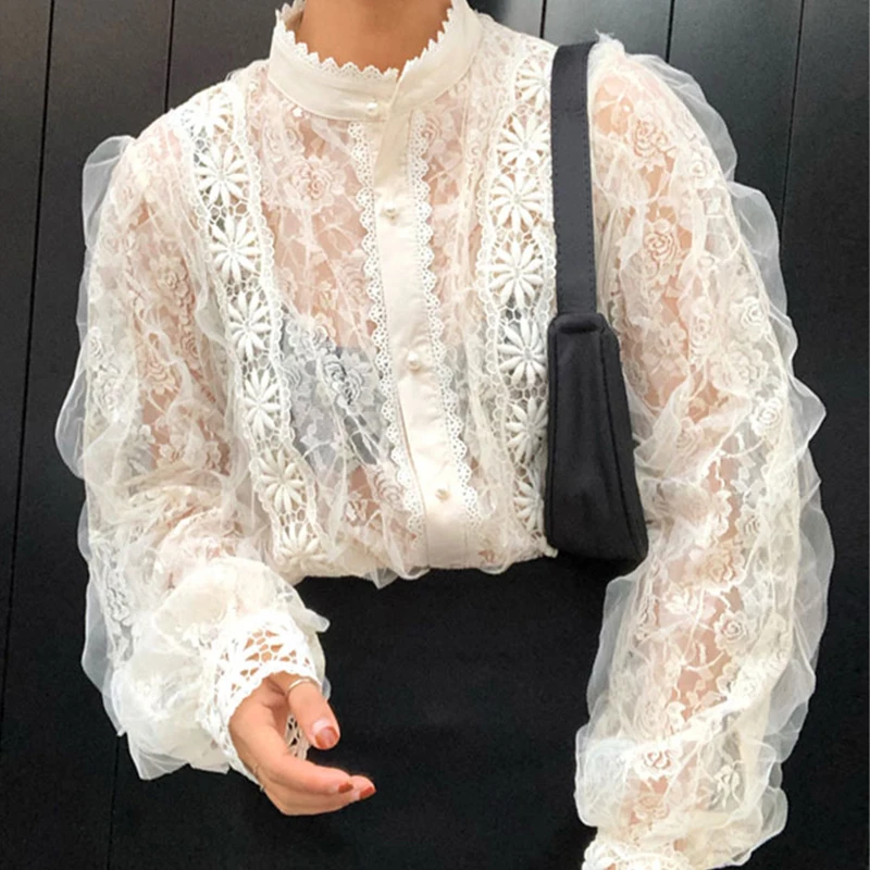 Дворцовый ретро стиль кружевной воротник стойка жемчуг женские сетчатые блузки