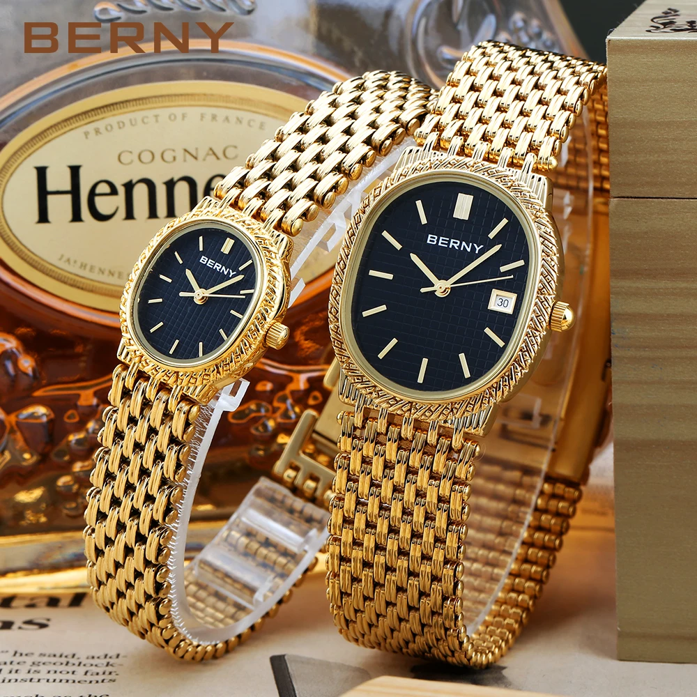 

Женские кварцевые часы BERNY, овальные золотые часы для женщин, новейшая мода, водонепроницаемые наручные часы с латунным чехлом, женские часы