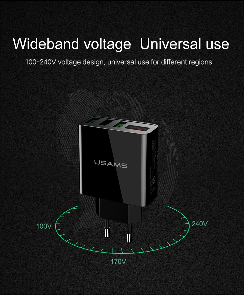 USAMS, 3 порта, USB зарядное устройство для телефона, светодиодный дисплей, штепсельная вилка европейского стандарта, всего макс., 3 А, умное быстрое зарядное устройство, мобильное настенное зарядное устройство для iPhone, iPad, samsung