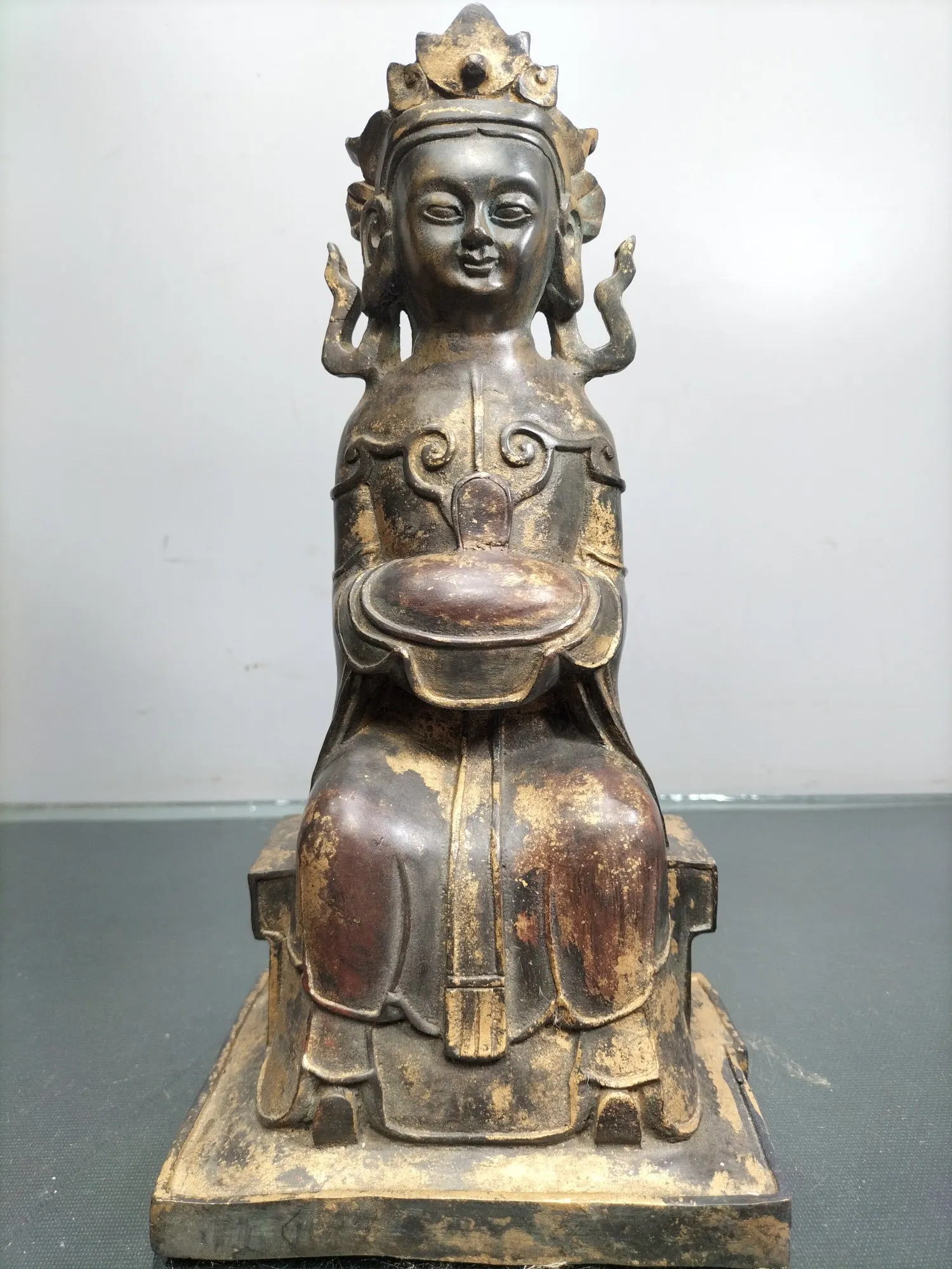 

15"Chinese Folk Collection Old Bronze Cinnabar Lacquer Guanyin Bodhisattva Void Bodhisattva Sitting Buddha Ornaments Town House