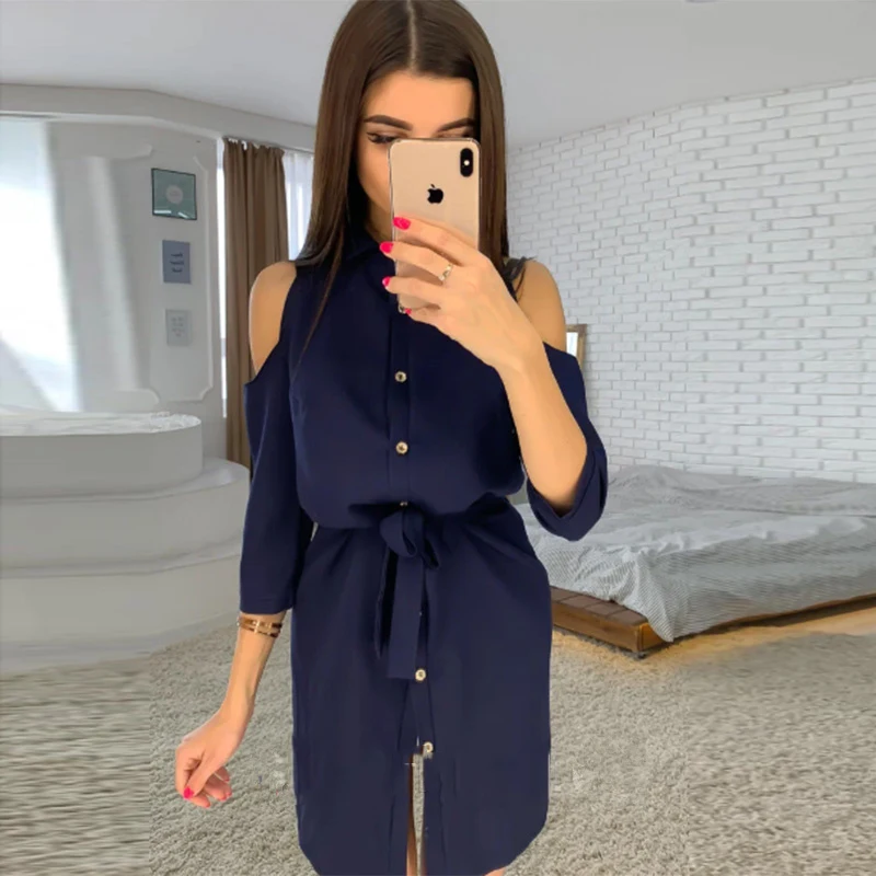 

Shyloli Casual Sashes Buttons Belt Dress Woman Hollow Out Sleeve Design Office Lady Turn Down Collar Mini Dress Vestidos Autumn