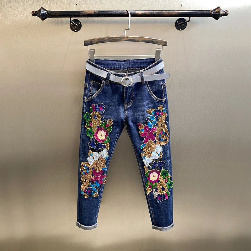 2022 Spring Summer Fashion 3D Sequins Florals Hole Jeans Women Denim Stretch Slim Skinny ankle length Pants