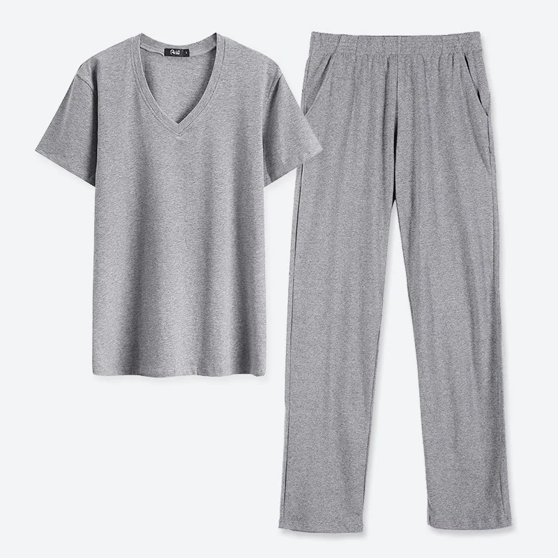 

Cotton V Neck Pajamas Set for Men Casual Solid Sleepwear Set Elastic Waist Short Sleeve +Pants 2Pcs Nightwear Suits 2021 Y5038